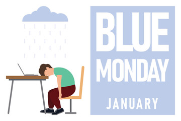 Naklejka premium Blue Monday background. Design with unhappy man sitting.