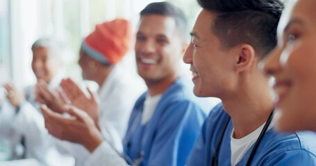 Applause, healthcare celebration and doctors in a meeting for success, medical support and happy agreement. Celebrate, teamwork and Asian worker in a seminar clapping with praise, smile and teamwork