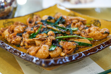 A delicious Chinese dish, deep-fried large intestines