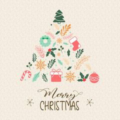 Christmas greeting card with Calligraphic Season Wishes and Composition of Festive Elements. Christmas greeting card posts, social media templates.