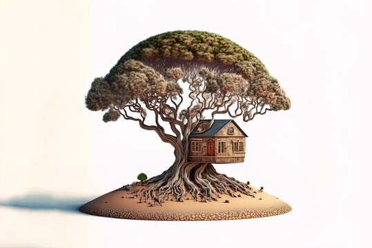 recommend clip art: Imaginary tree home, isolated on white. Generative AI