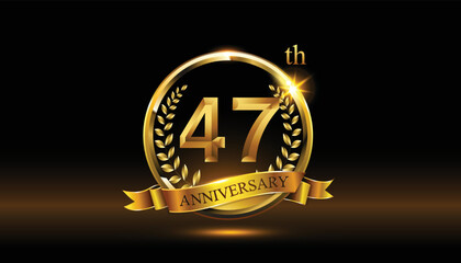 47th anniversary logo with golden ring, confetti and Gold ribbon isolated on elegant black background, sparkle, vector design for greeting cath and invitation cath