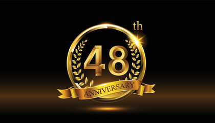 48th anniversary logo with golden ring, confetti and Gold ribbon isolated on elegant black background, sparkle, vector design for greeting cath and invitation cath
