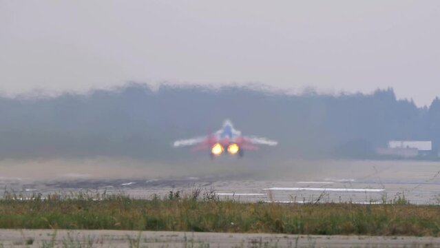 aerobatic team swifts MiG-29 perfoming demonstration flight of the international aerospace salon MAKS-2021.