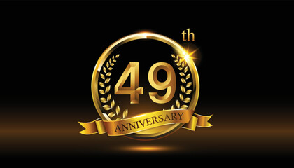49th anniversary logo with golden ring, confetti and Gold ribbon isolated on elegant black background, sparkle, vector design for greeting cath and invitation cath