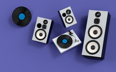 Set of Hi-fi speakers and DJ turntable for sound recording studio on violet