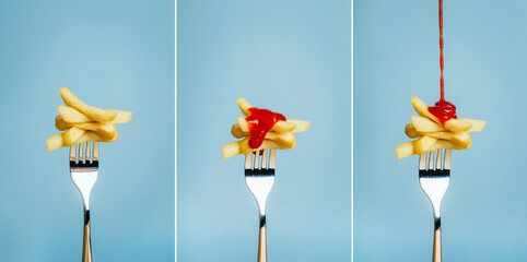 close-up of a collage of three photos of french fries chopped on a fork with ketchup on a blue background