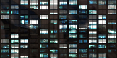 Fototapeta na wymiar Seamless skyscraper facade with windows and blinds at night. Modern abstract office building background texture with glowing lights against dark black exterior walls. High resolution 3D rendering..