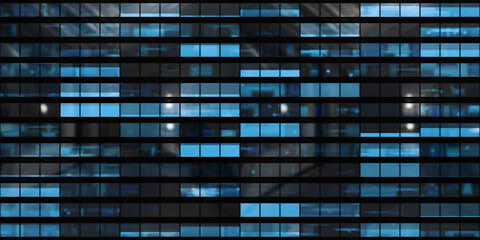 Seamless skyscraper facade with blue tinted windows and blinds at night. Modern abstract office building background texture with glowing lights against dark black exterior walls. 3D rendering.. - obrazy, fototapety, plakaty