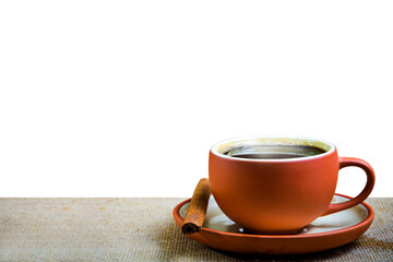 cup of latte coffee on wood table, transparent background	