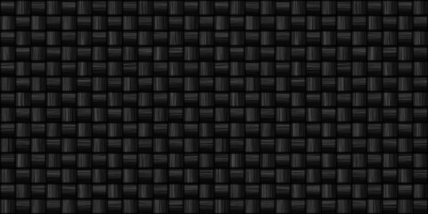 Seamless dark black grungy carbon fiber basket weave background texture. Tileable abstract charcoal grey minimalist backdrop with copy space. 8k widescreen simple wallpaper pattern 3D rendering. - obrazy, fototapety, plakaty