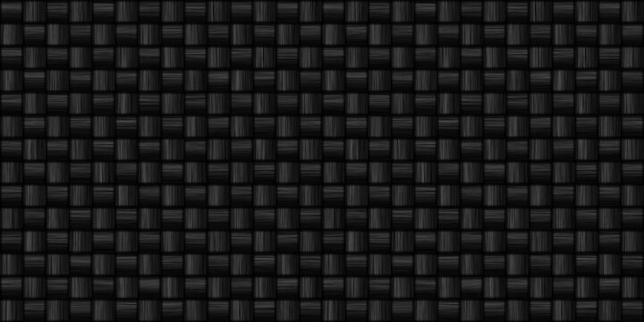 Seamless dark black grungy carbon fiber basket weave background texture. Tileable abstract charcoal grey minimalist backdrop with copy space. 8k widescreen simple wallpaper pattern 3D rendering.