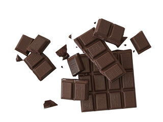 Broken Chocolate bar isolated on white, top view. Chocolate cubes on heap, pieces of bitter, dark...