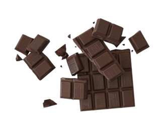 Broken Chocolate bar isolated on white, top view. Chocolate cubes on heap, pieces of bitter, dark chocolate bar, isolated on white background, top view. 3d rendering, cutout. Png, transparent.