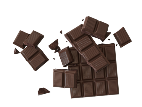 Broken Chocolate bar isolated on white, top view. Chocolate cubes on heap, pieces of bitter, dark chocolate bar, isolated on white background, top view. 3d rendering, cutout. Png, transparent.