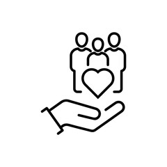 hand with heart community, icon, concept empathy or charity, solidarity love, care people, volunteer support, thin line symbol on white background - editable stroke vector illustration eps10