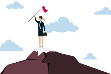 Success businesswoman, success confidence businesswoman holding winner flag on top of mountain peak.