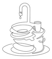 Stack of unwashed dishes. Dishes in the kitchen sink. Water faucet. Continuous line drawing illustration