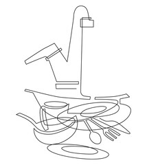 Stack of unwashed dishes. Dishes in the kitchen sink. Water faucet. Continuous line drawing illustration