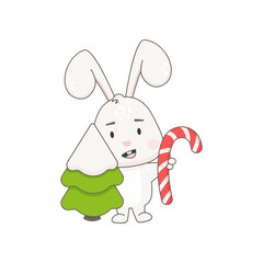 Cute rabbit character with Christmas tree isolated on white.