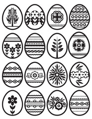 Silhouettes of black easter eggs isolated on transparent background. Holiday Easter Eggs decorated with flowers and leafs. Print design, label, sticker, scrap booking, stamp. PNG