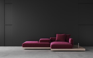 Empty living room with black paneling on the wall and a stylish viva mangenta color sofa on the concrete floor.  Decorative wall with embossed panels. Dark wall. Frame mockup. 3d rendering