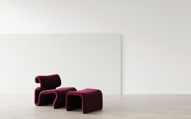 Empty living room with white paneling on the wall and a stylish viva mangenta color armchair on the concrete floor.  Decorative wall with embossed panels. Dark wall. Frame mockup. 3d rendering