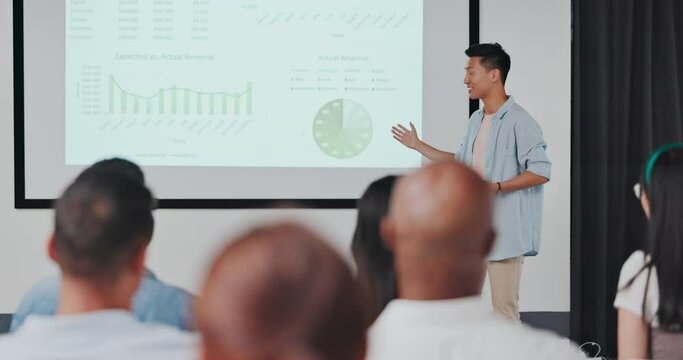 Presentation, question and asian businessman in digital marketing, data analytics and research on monitor screen for audience. Hand, ideas and Seoul creative business man, leadership and mentorship