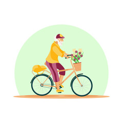 Grandpa, a pensioner rides a bicycle. He's carrying flowers and a backpack. Vector illustration in the flat style.