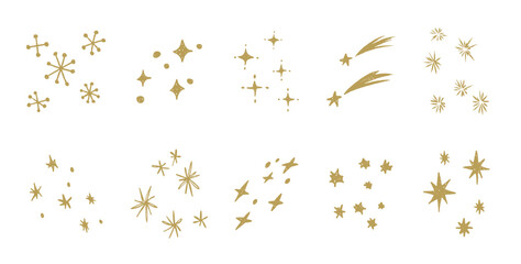 シンプルでお洒落なきらきら装飾イラストセット　星　流れ星　光　手描き　デコレーション