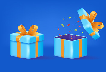 Gift box realistic vector illustration. 3d cartoon style illustration. Blue gift boxes with golden ribbon, bow and confetti: closed and opened.
