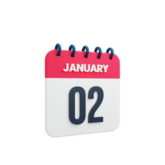 January Realistic Calendar Icon 3D Illustration Date January 02