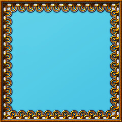 Gilded picture frame with the blue background.  Empty space leaves room for pictures, images, design elements or text. Illustration. Template Design. Modern 3d style. Poster. Banner.
