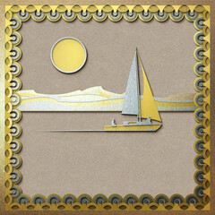 Journey. Gold and silver paper seascape with a sailboat and with sun and clouds. Empty space leaves room for design elements or text. Illustration. Travel Background. Transportation. Banner 