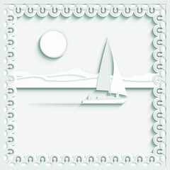 Journey. White paper seascape with a sailboat and with sun and clouds in the background. Empty space leaves room for design elements or text. Illustration. Travel Background. 