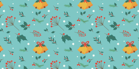 seamless banner background pattern winter theme christmas day bell, jolly, leaf, berry, snowflakes