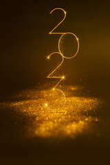 2023 Happy New Year Background, abstract golden material, and glittering lights. luxury background.