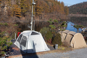camping tent at the campsite in lake shore