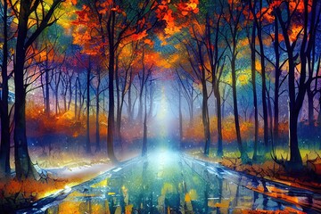 Fototapeta na wymiar sunset in the forest autumn color illustration