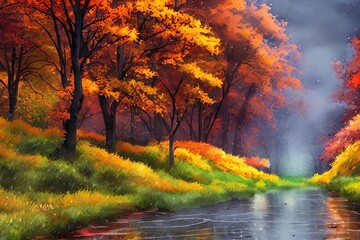 Fototapeta na wymiar sunset in the forest autumn color illustration