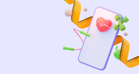 3D Health tracking on a mobile phone. Phone, with a skipping rope and a tape for weight loss. 3d rendering illustration.