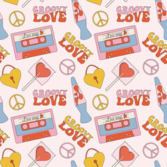 Seamless pattern in trendy retro groovy style. With valentines day elements