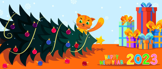 Happy New Year 2023. Christmas tree felled by a cat, bright vector illustration. Cheeky red cat