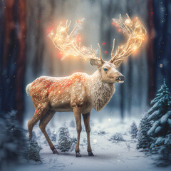 Majestic reindeer with christmas light in the antlers in a winter forest