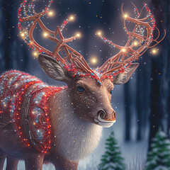 Majestic reindeer with christmas light in the antlers in a winter forest