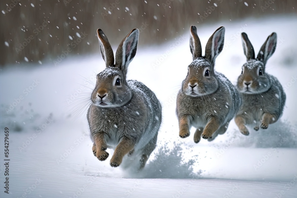 Poster gray rabbits running wild in the snow. generative ai