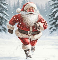 Santa claus running and having fun in a winter forest