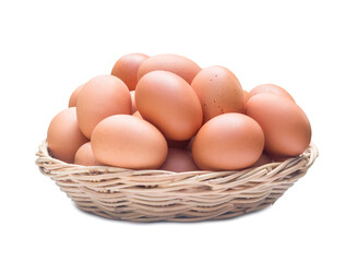 Fresh chicken eggs in woven bamboo basket isolated on white background with clipping path in png file format with shadow, Close up with full focus