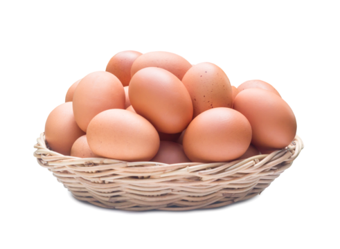 Fresh chicken eggs in woven bamboo basket isolated on white background with clipping path in png file format with shadow, Close up with full focus