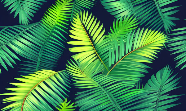 Green palm leaves background garden wallpaper full frame illustration. Generative AI